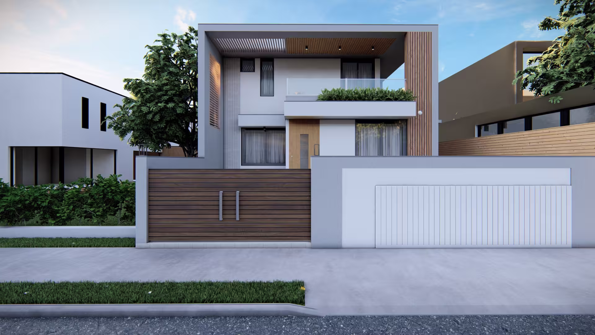 Modern luxury two-story home with a minimalist gray exterior, planter balcony, high-end wood paneling finishes with play of light and shadow of the pergola in the roof.