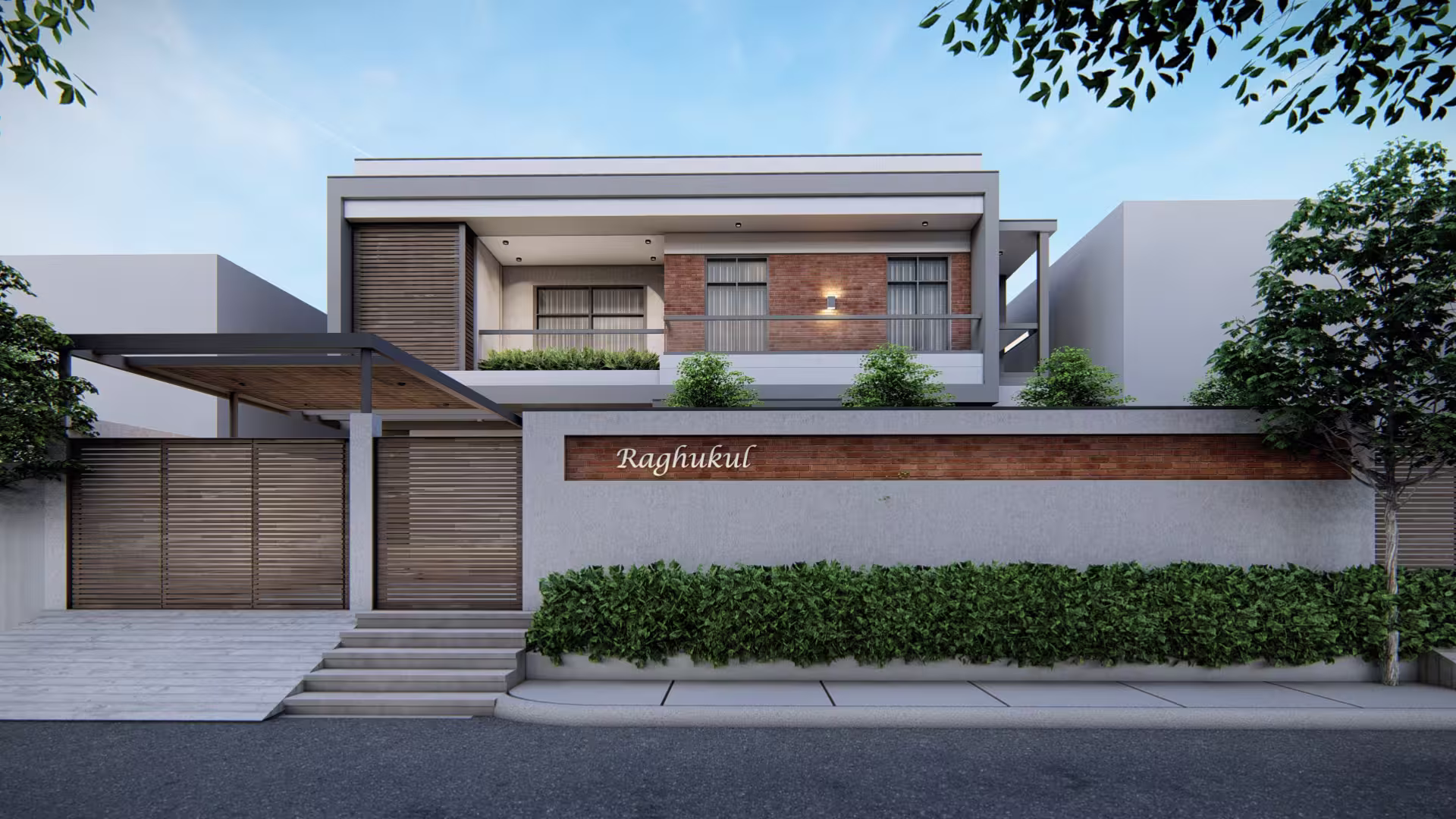 Modern two-story residential design "Raghukul" featuring a minimalist gray facade, exposed brick accents, wodden louvers and a flat roof. The exterior includes a matching boundary wall with integrated greenery and a modern gated entrance.