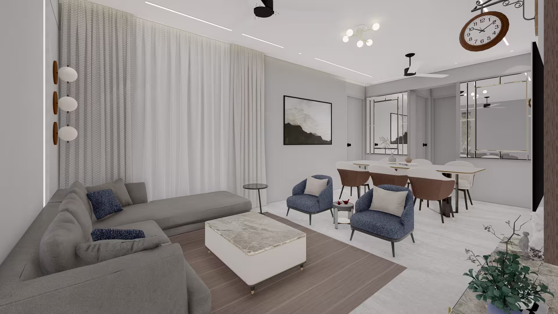 Contemporary interior design of a living room featuring minimalist gray decor, floor-to-ceiling sheer curtains, gold-framed mirrors and elegant globe pendant lighting.