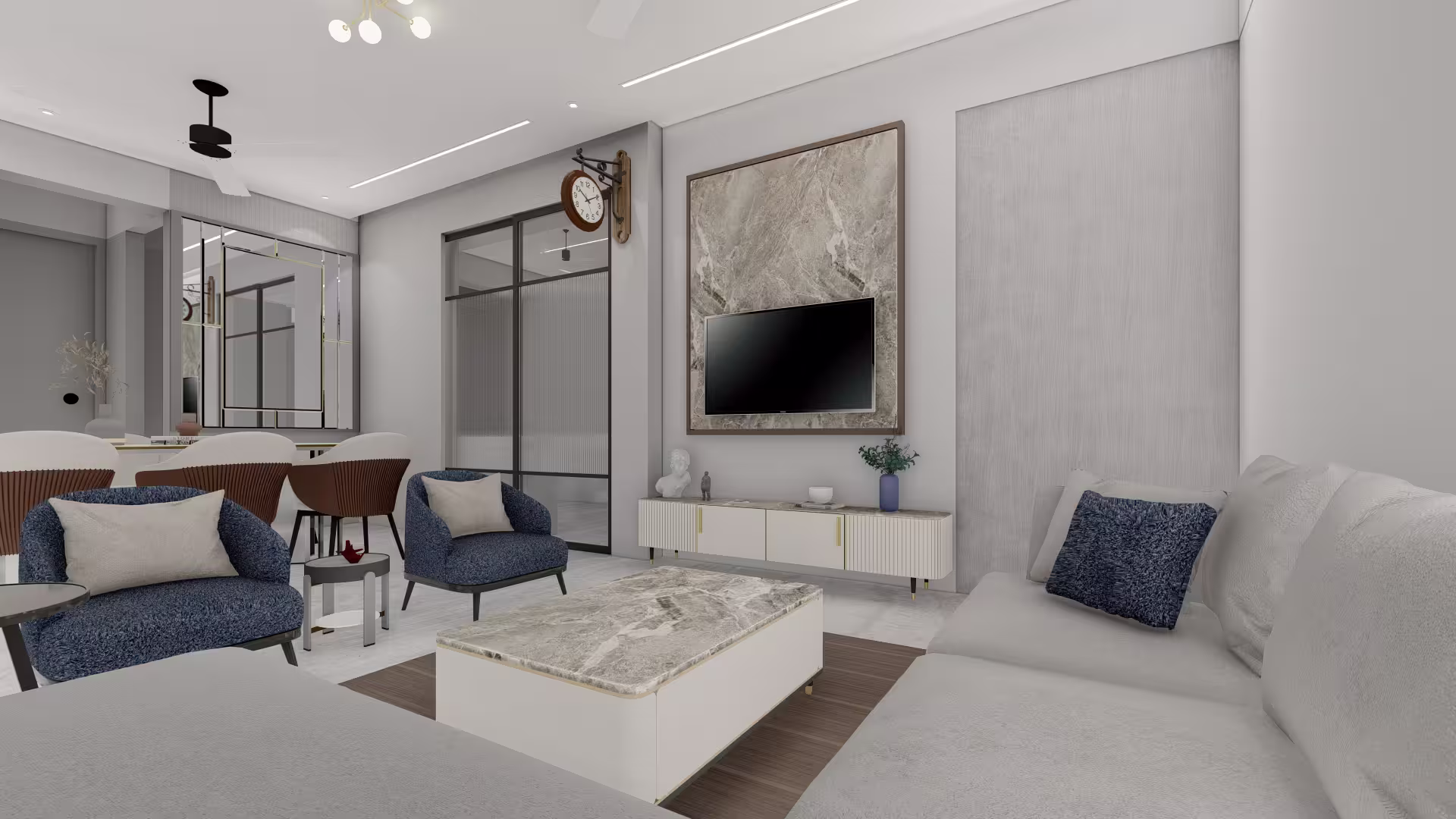 Modern open-concept living and dining room featuring a neutral L-shaped sectional sofa, blue accent chairs, a marble coffee table and a contemporary dining set under a minimalist chandelier.