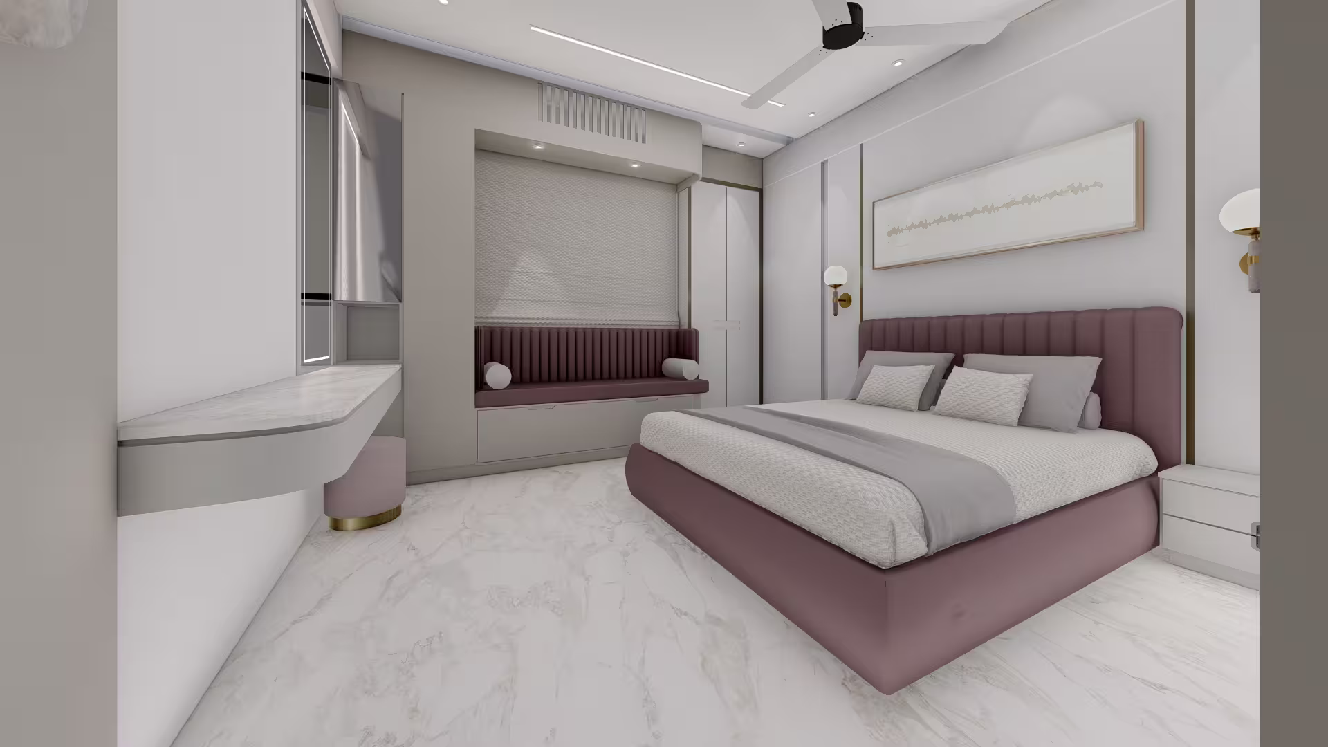 Contemporary bedroom design with mauve upholstered bed frame, white marble floors, and integrated storage solutions including a window bench, hidden AC screen unit and custom wardrobes.