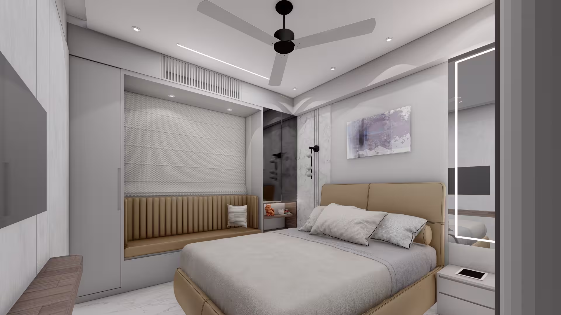 A modern bedroom with a neutral color scheme features a bed with beige upholstery, a ceiling fan, built-in seating, abstract wall art and a backlit mirror.