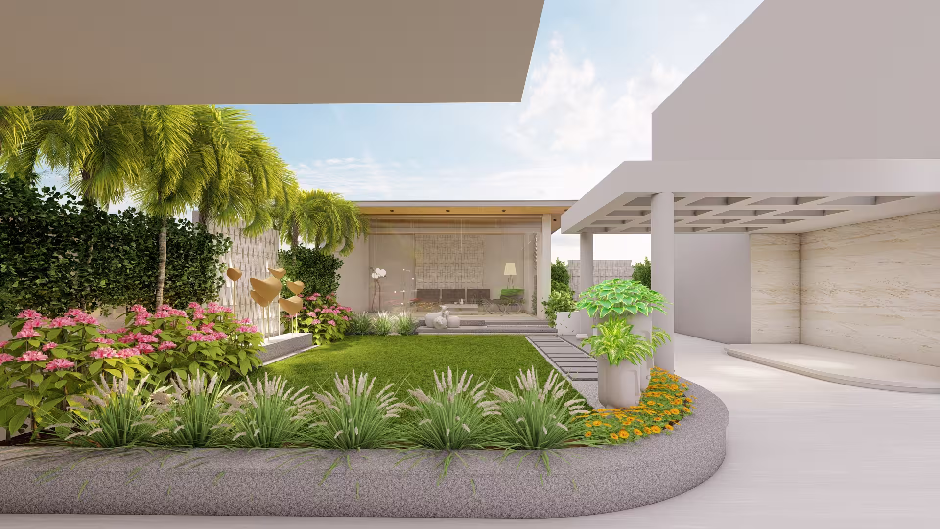 Modern garden with vibrant flowers, palm trees and a lush lawn and stone sculptures. A cozy seating area is under a contemporary pergola.