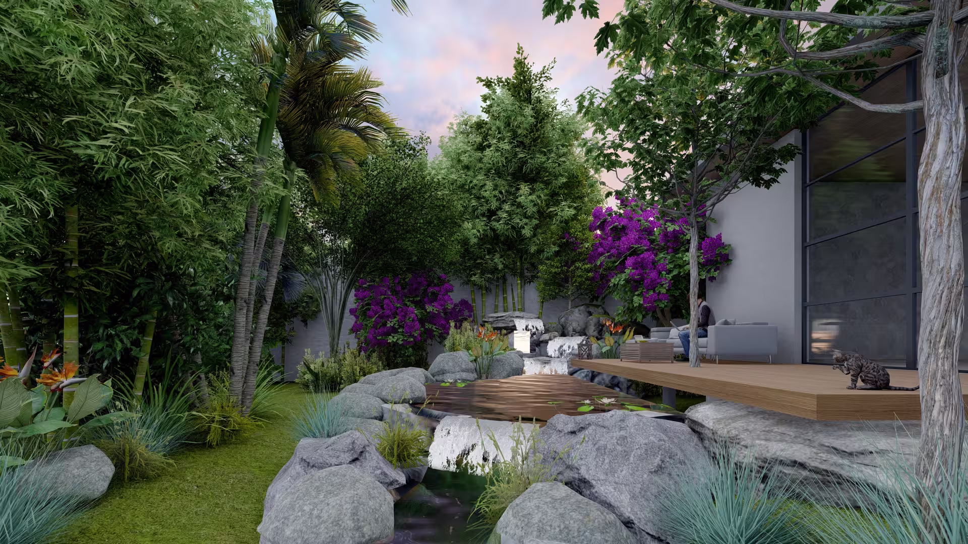 Modern tropical garden with pond, stone waterfall, lush greenery and wooden deck patio with outdoor seating and cat.